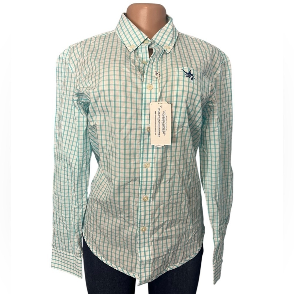 3/$30☀️ Guy Harvey Shirt Mint Plaid Classic Collection Button Up Casual